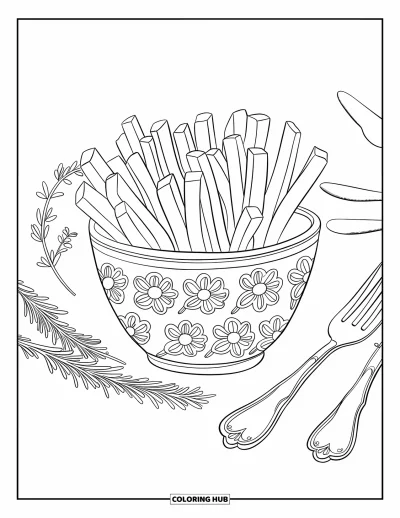 Målarbild med pommes frites för vuxna: Gourmetpommes frites i en blomskål omgivna av örter och bestick