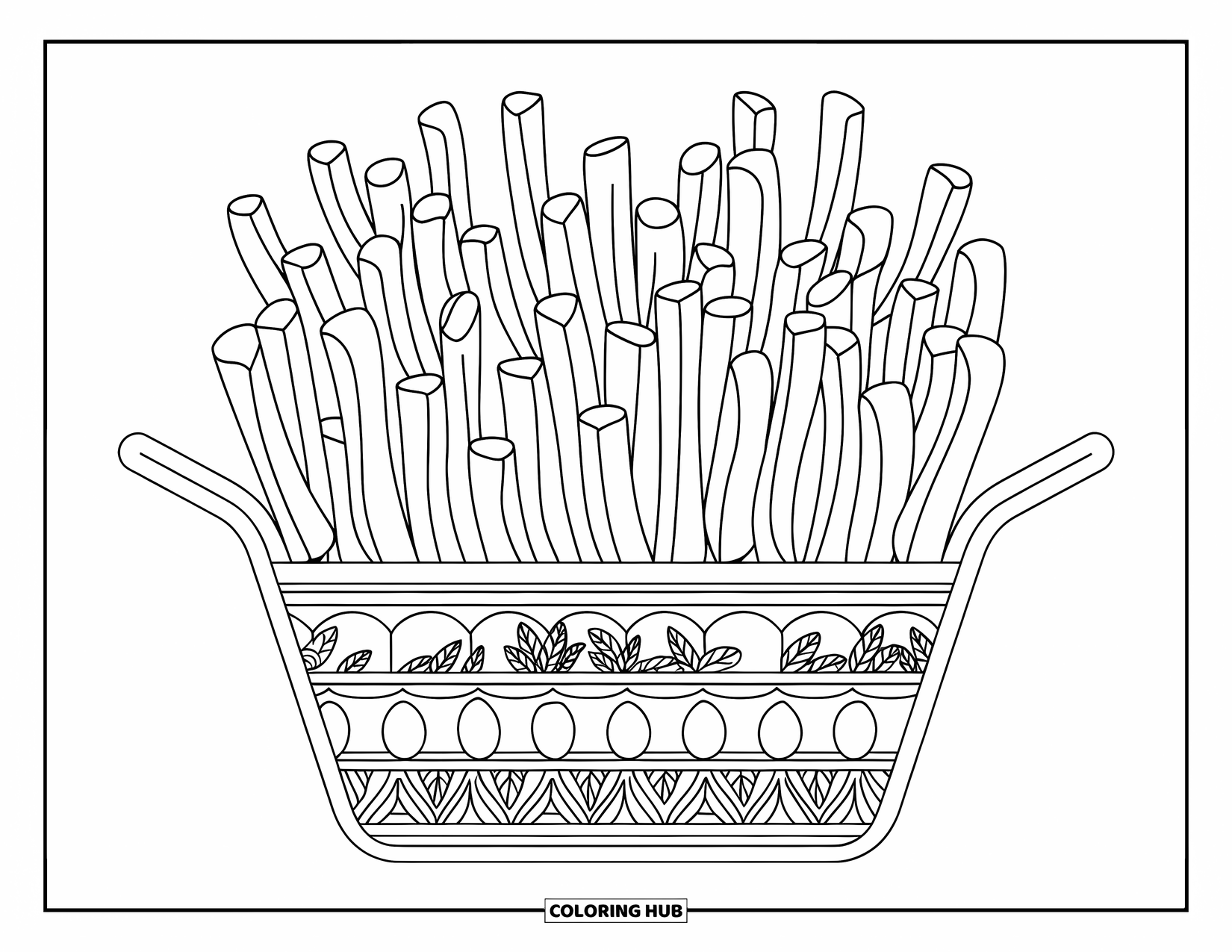 French Fries Coloring Page for Adults: Thin curly fries with herbs fill a lined basket in a simple, top-down view