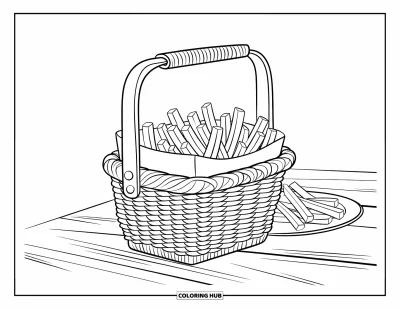 Målarbild med pommes frites för barn: En korg med pommes frites och en tallrik på ett träbord i ett prydligt upplägg