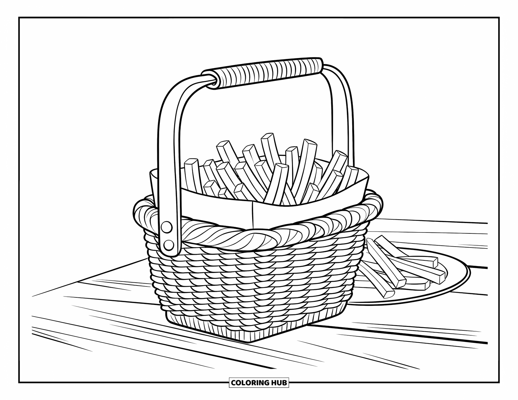 French Fries Coloring Page for Kids: A basket with fries and a plate sits on a wooden table in a neat setup