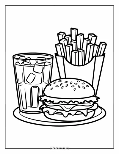 Målarbild med pommes frites för barn: En kombimåltid med hamburgare, läsk och pommes frites visas i en prydlig layout