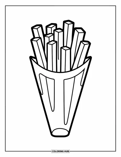 Målarbild med pommes frites för barn: En glad strutformad hållare svämmar över med breda pommes frites – enkel att färglägga för förskolebarn
