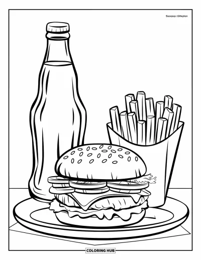 Målarbild med pommes frites för barn: En klassisk kombimåltid med hamburgare, läskflaska och pommes frites på vit bakgrund