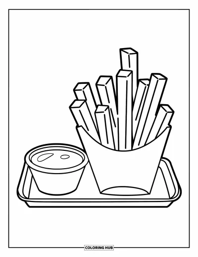 Målarbild med pommes frites för barn: En ren bricka med tjockskurna pommes frites står bredvid en rund dippmugg