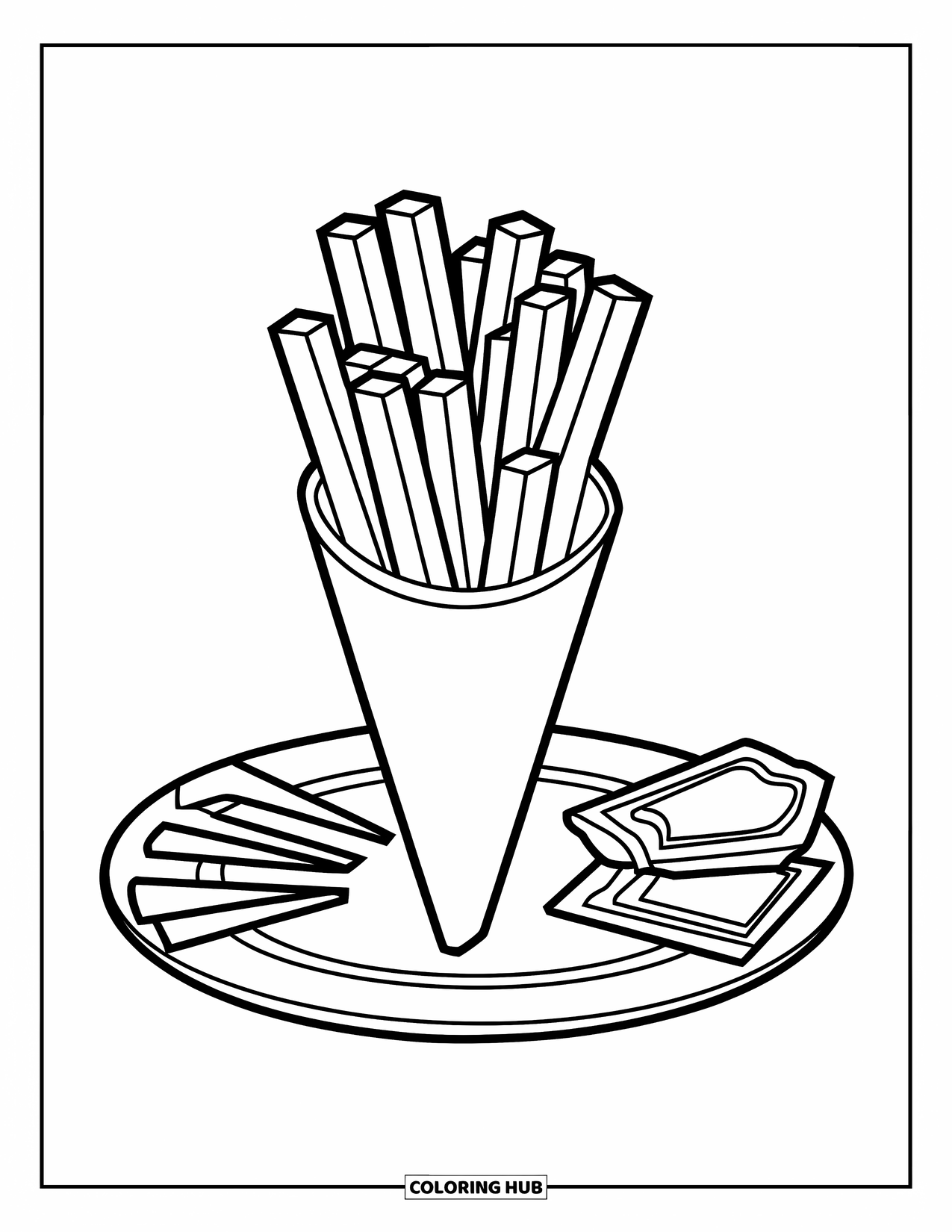 French Fries Coloring Page for Kids: A cone-shaped fry holder sits on a plate with ketchup and mustard packets
