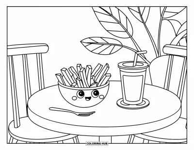 Målarbild med pommes frites för barn: Ett mysigt bord håller pommes frites, en dryck och en krukväxt i ett snyggt café