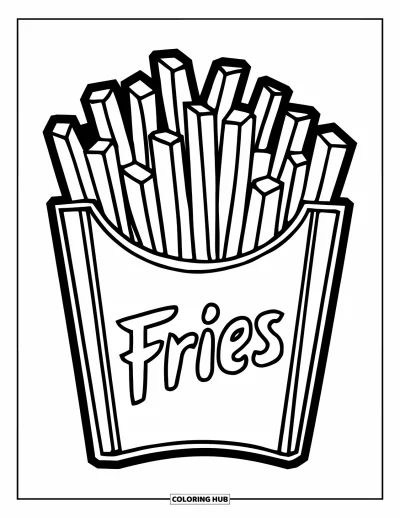 Målarbild med pommes frites för barn: En söt tecknad friteshållare med texten "Fries" visar upp sitt krispiga innehåll