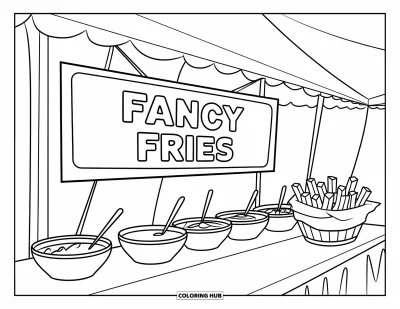 Målarbild med pommes frites för barn: En matkiosk märkt "Fancy Fries" visar pommes frites och dippar under ett vitt tält
