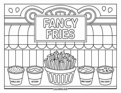 Målarbild med pommes frites för barn: En rolig bod märkt "Fancy Fries" visar dippar som vitlöksaioli och chilisås
