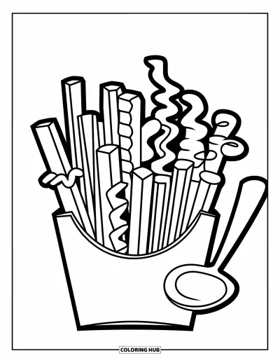 Målarbild med pommes frites för barn: En rolig friteslåda med raka, krusiga och krulliga pommes frites arrangerade i en cirkel