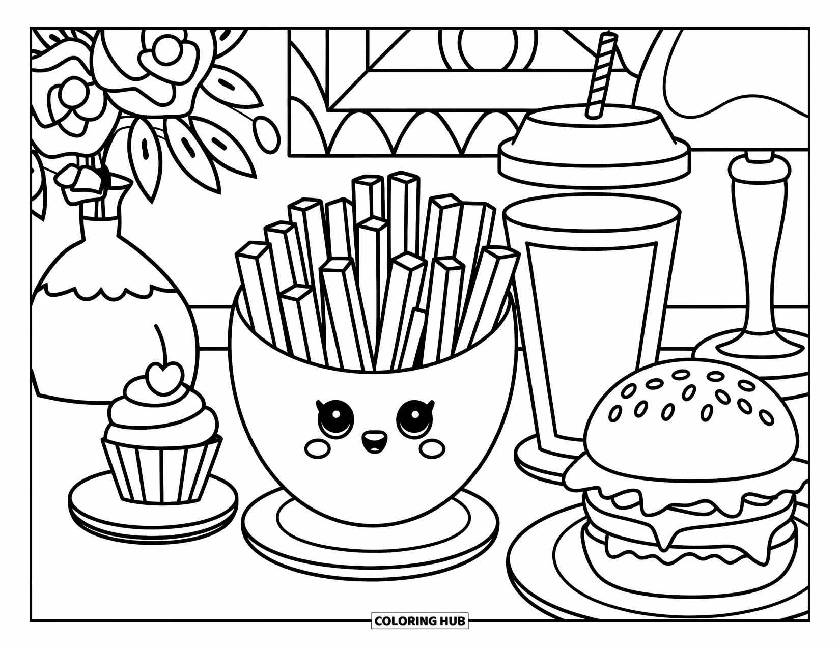 French Fries Coloring Page for Kids: A heart-shaped fry bowl, burger, and cupcake sit in a charming café setting