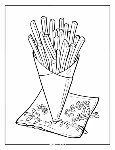 Målarbild med pommes frites för barn: En hög hög pommes frites i en strut vilar på en servett med färska örter