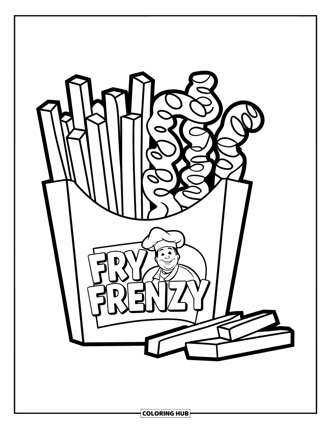 French Fries Coloring Page for Kids: A labeled "Fry Frenzy" box overflows with silly-shaped fries and a happy chef
