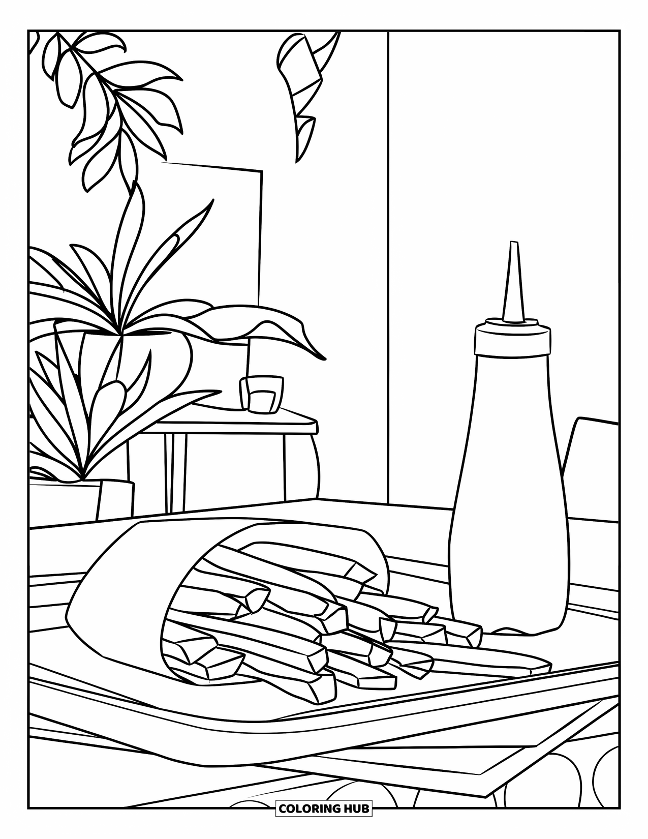 French Fries Coloring Page for Kids: A minimal tray holds fries and ketchup in a modern café setting