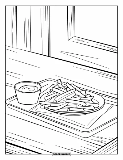 Målarbild med pommes frites för barn: En modern cafébricka med pommes frites och dipp på ett träbord
