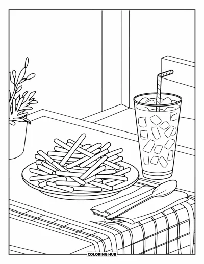 Målarbild med pommes frites för barn: En tallrik med pommes frites, isdrink och servett står på ett rutigat restaurangbord