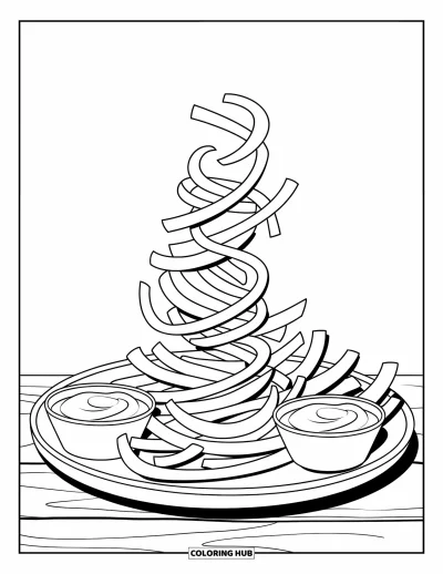 Målarbild med pommes frites för barn: En tallrik spiralkrulliga pommes frites serveras med ketchup, senap och majonnäs