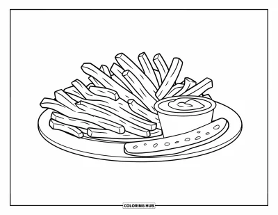 Målarbild med pommes frites för barn: En tallrik med pommes frites, ketchup och pickle på en klar vit bakgrund
