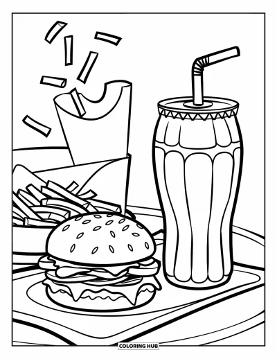 Målarbild med pommes frites för barn: En lekfull kombimåltid visar hamburgare, pommes frites och läsk med frites som svävar ovanför