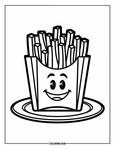 Målarbild med pommes frites för barn: En leende tecknad friteshållare vilar på en tallrik med glada, tydliga konturer