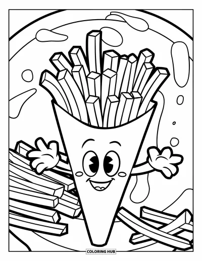 Målarbild med pommes frites för barn: En leende figurformad friteshållare spiller pommes frites på en tallrik med en ketchupdroppe
