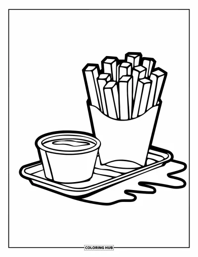 Målarbild med pommes frites för barn: En stapel bricka med tjocka pommes frites och dippsås kastar en mjuk skugga nedanför