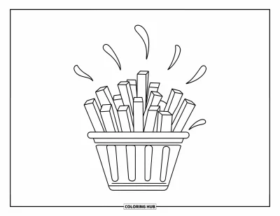 Målarbild med pommes frites för barn: En ångande friteskorg avger mysiga linjer mot en enkel vit bakgrund