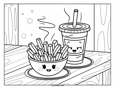 Målarbild med pommes frites för barn: En ångande dryck och pommes frites vilar på ett träbord i ett gulligt café