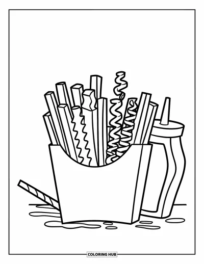 Målarbild med pommes frites för barn: En hög friteslåda står bredvid ett sugrör och en ketchupflaska på ren bakgrund