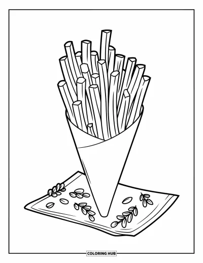 Målarbild med pommes frites för barn: En hög papperstrut med pommes frites vilar på en servett beströdd med örter