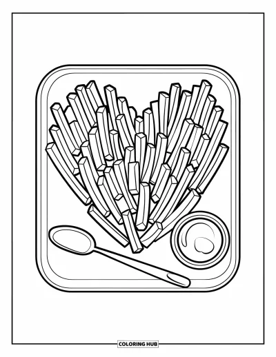 Målarbild med pommes frites för barn: En hjärtformad skål med pommes frites är formad bredvid en dippmugg