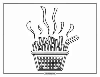 Målarbild med pommes frites för barn: En varm friteskorg ångar försiktigt i en ren och enkel linjeteckningsstil