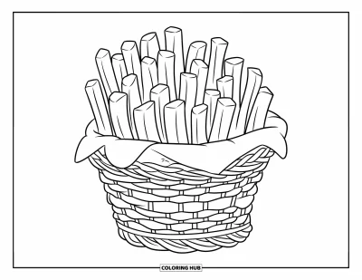 Målarbild med pommes frites för barn: En flätad korg håller pommes frites på ett pappersunderlägg med vit bakgrund