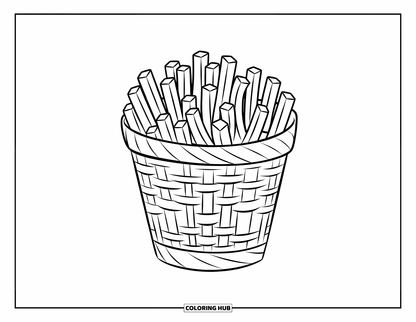 French Fries Coloring Page for Kids: A woven basket of fries sits cleanly on a table with bold outlines