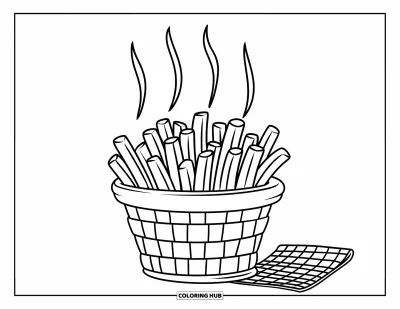Målarbild med pommes frites för barn: En flätad korg ångar med pommes frites bredvid en rutig servett