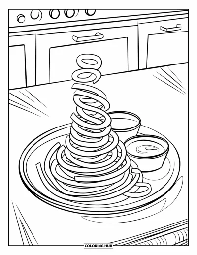 Målarbild med pommes frites för barn: Krulliga pommes frites i en svepa vilar på en tallrik med dippar i ett kök i vintage-stil