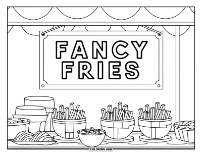 Målarbild med pommes frites för barn: Eleganta pommes frites och skålar med dippar visas i en enkel bod med en tydlig skylt
