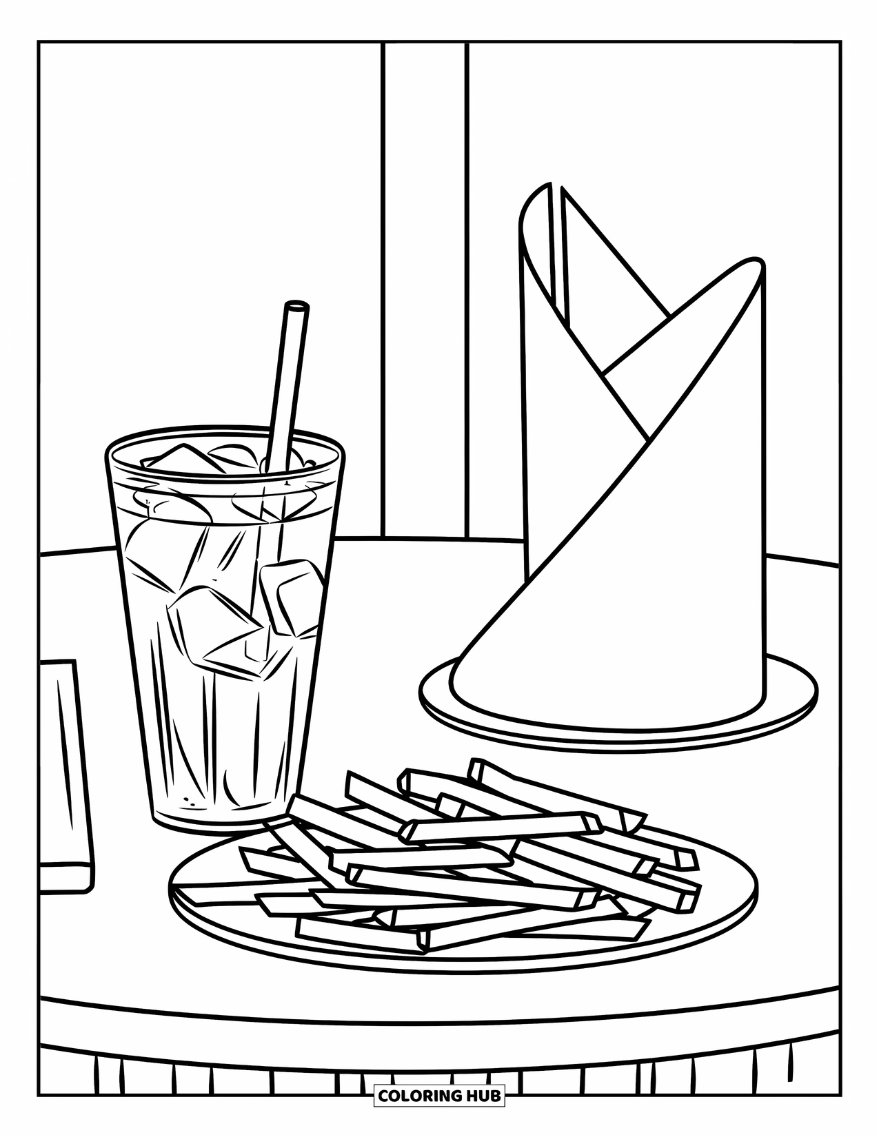 French Fries Coloring Page for Kids: Fries, a cold drink, and a napkin rest on a clean white table