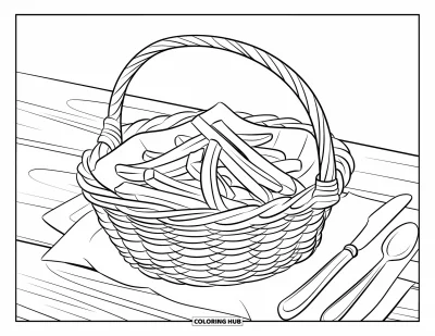Målarbild med pommes frites för barn: Pommes frites fyller en korg med pappersunderlägg och bestick bredvid på ett bord