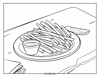 Målarbild med pommes frites för barn: Pommes frites, pickle och ketchup på ett rent vitt bord i en tydlig konturstil