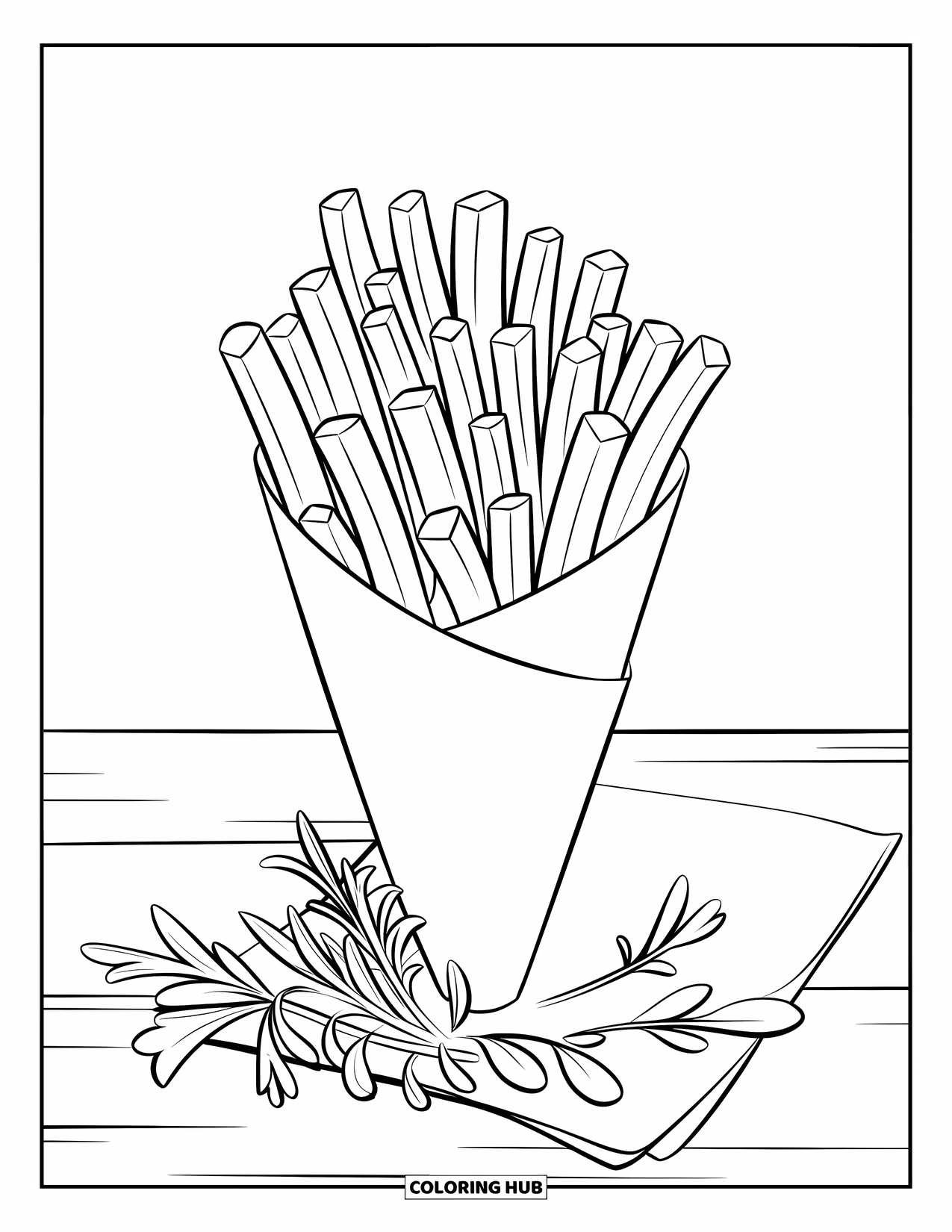 French Fries Coloring Page for Kids: Golden fries in a cone rest beside herbs on a clean white napkin