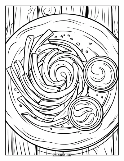 Målarbild med pommes frites för barn: Spiralkrulliga pommes frites med såser och smulor på en träyta