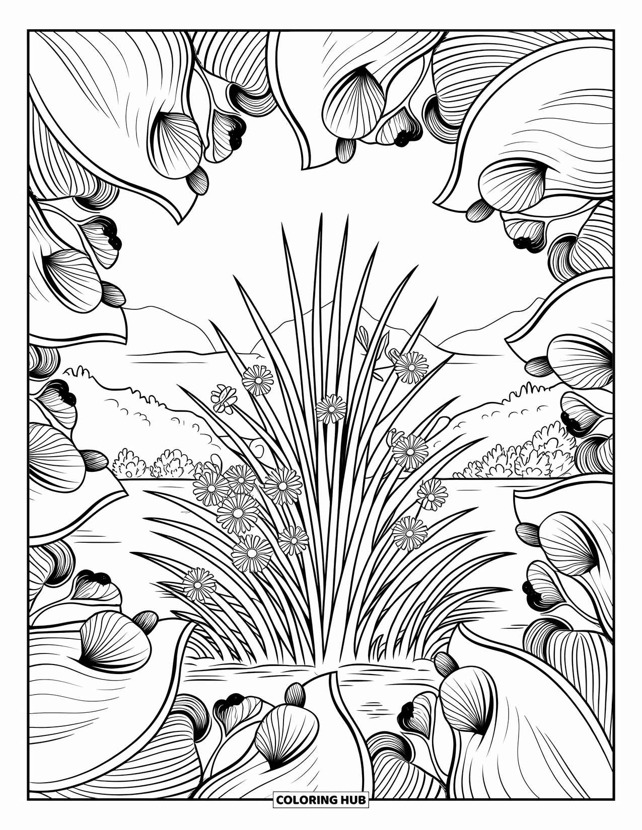 Grass Coloring Page for Adults: A grass clump blooms beneath swirling petals and leaves, framed by nature's calm