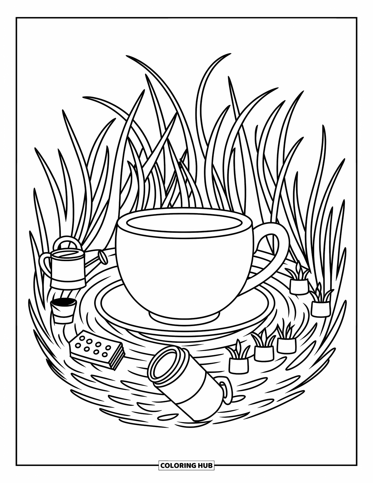 Grass Coloring Page for Adults: A tiny teacup nestles in grass with watering can, seeds, and a hose