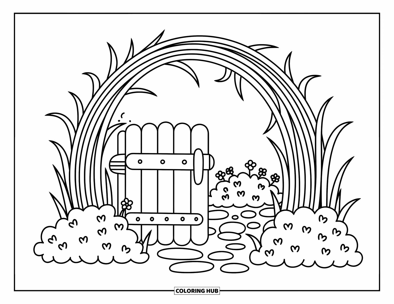 Grass Coloring Page for Adults: A tiny wooden gate peeks through curling grass, flowers, and a hidden path