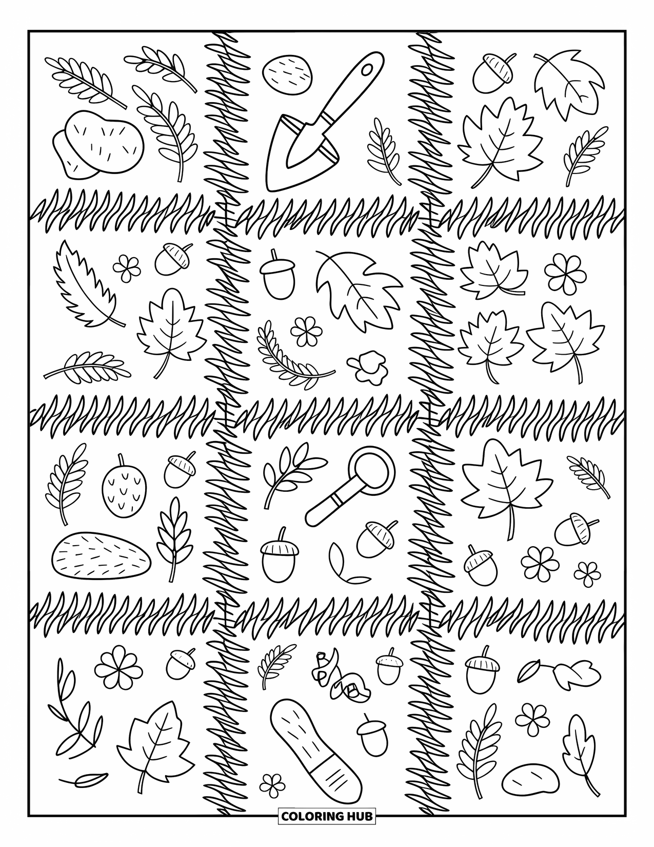 Grass Coloring Page for Adults: Each grass patch square hides cute garden surprises like tools, leaves, and clover
