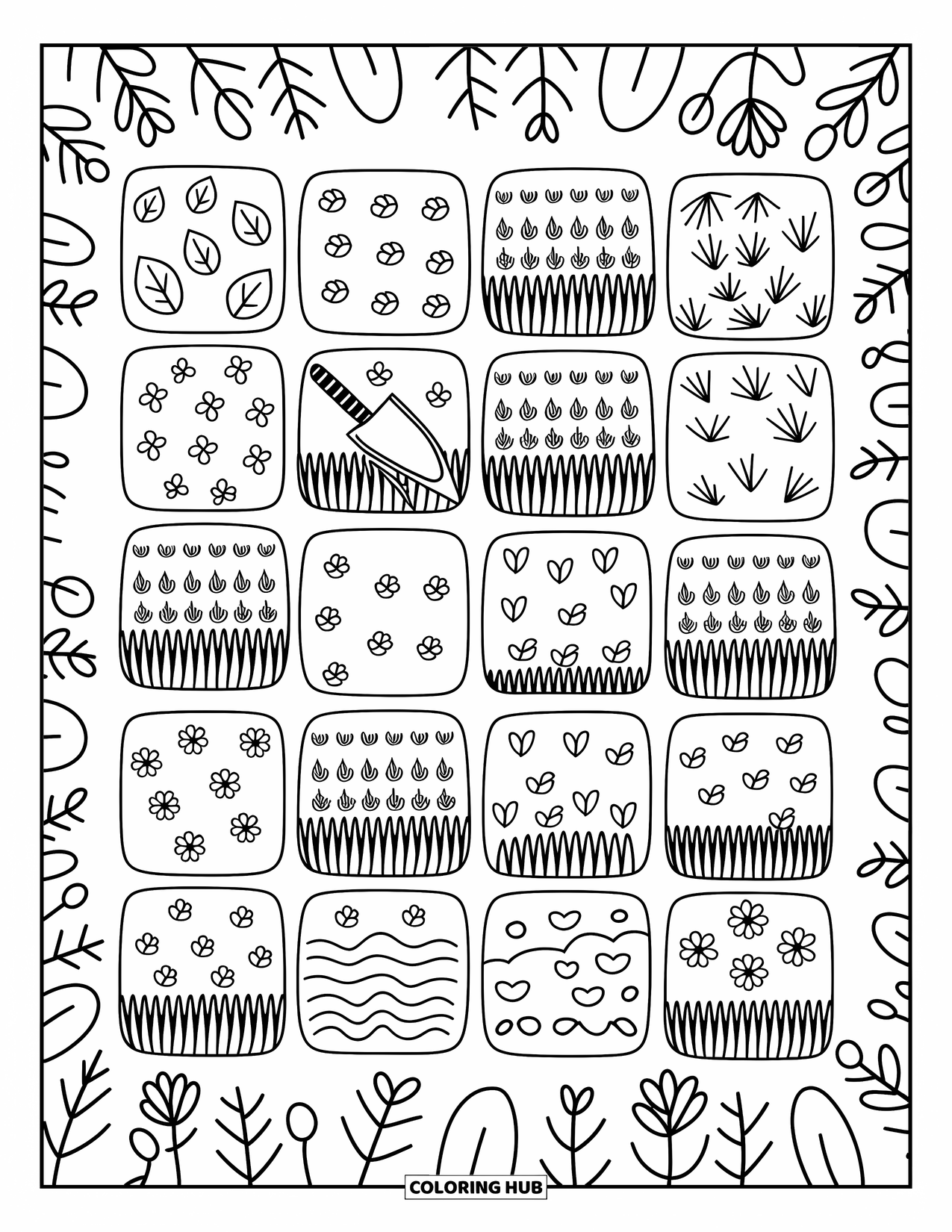 Grass Coloring Page for Adults: Every grass patch square shows tiny leaves, trowels, clover, and hidden treasures