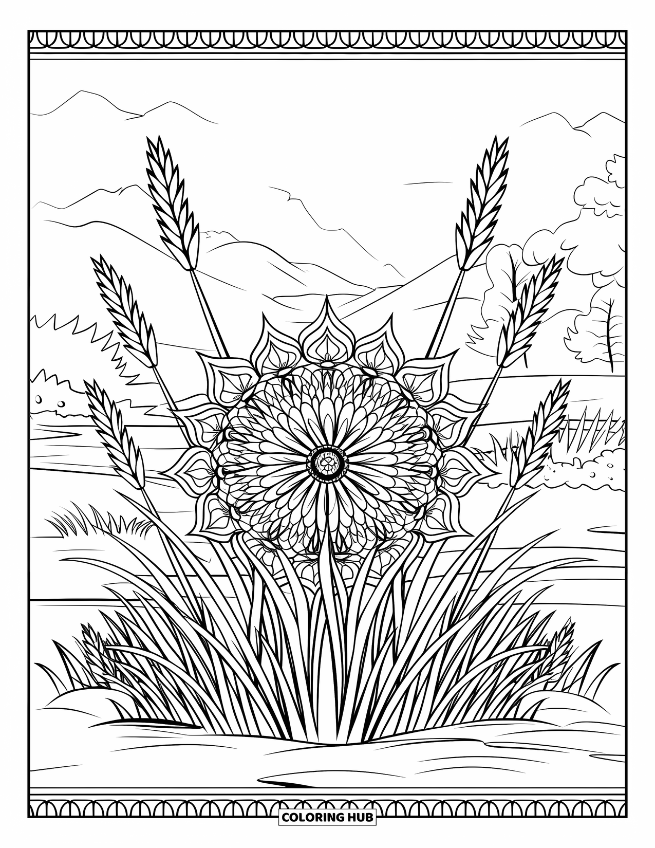 Grass Coloring Page for Adults: Graceful grass tufts surround a floral mandala by mountains and a lake