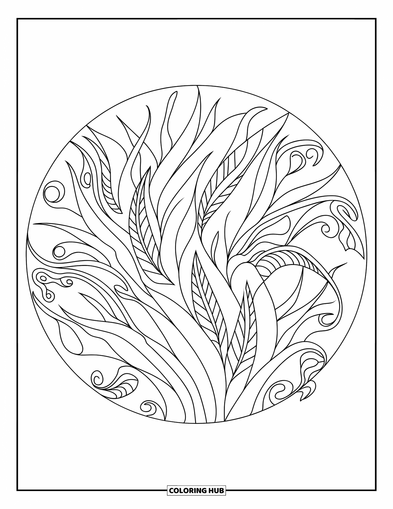 Grass Coloring Page for Adults: Layered grass and curled vines create a circular botanical mandala
