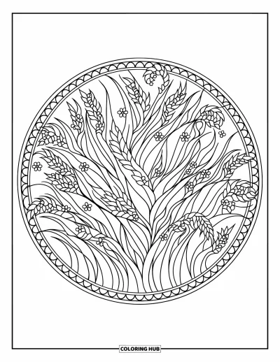 Yetişkinler için Çimen Boyama Sayfası: İç içe geçen desenlerle dairesel bir mandalayı dolduran katmanlı çimen ve çiçekler
